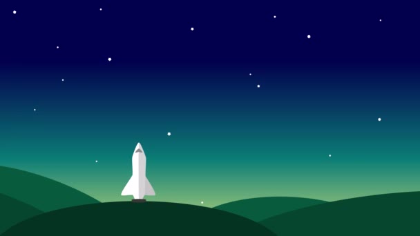 Lanzamiento de cohetes Rocket Ship Flying Through Space Animation. Caricatura estilo moderno cohete nave despegando y explorando el espacio — Vídeos de Stock
