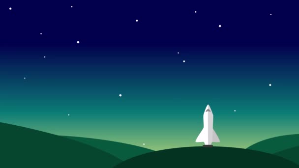 Lanzamiento de cohetes Rocket Ship Flying Through Space Animation. Caricatura estilo moderno cohete nave despegando y explorando el espacio — Vídeo de stock