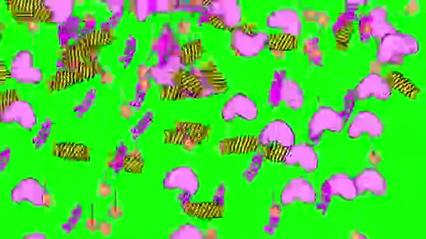 Abstrakt färgglad animation - gröna munkar bakgrund. sötsaker, hjärtan snurrar och faller - sömlös loop. — Stockvideo