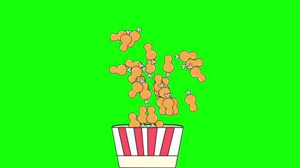 Fast food in a big red paper film box. Animation of a fried wings. 4k bucket on a green background. 2D flat sketch of animated falling pieces — Stock Video