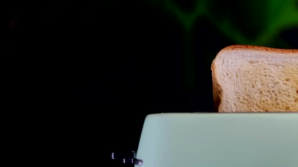 在烤面包机里烧面包。美味的三明治早餐面包. — 图库视频影像