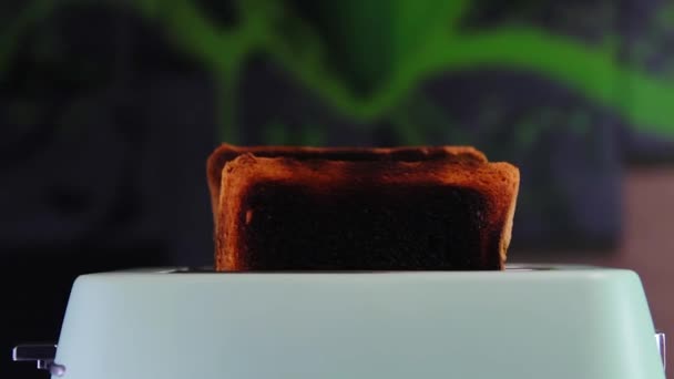 Сгоревший хлеб в тостере. Поджаренный хлеб в тостере . — стоковое видео