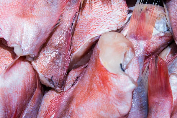 Крупним планом голови двох блискучих свіжих рубінових рибок на льоду на рибному ринку. Безголовий . — стокове фото