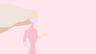 Maskeli, pembe arka planda kıvırcık saçlı bir kızın canlandırması. Boşluğu kopyala