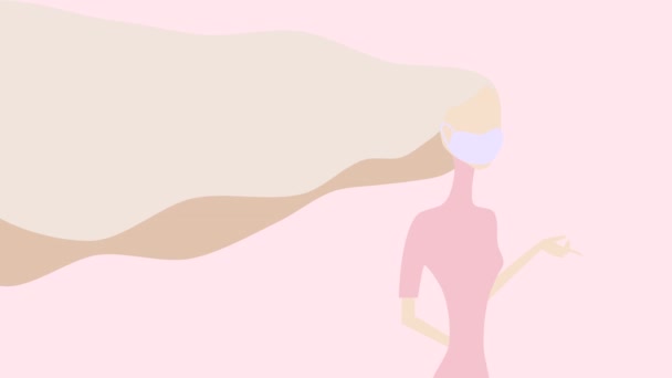 Animación de una chica en una máscara con el pelo rizado sobre un fondo rosa — Vídeos de Stock