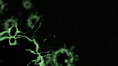 Siyah 3D karbon salgını, koronavirüs salgını ve grip geçmişi salgın hastalık hücreleriyle ilgili tehlikeli tıbbi sağlık riski kavramı.