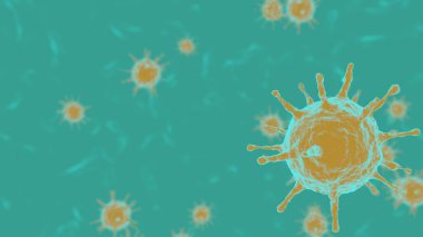 Koronavirüs salgını ve arka plan gribi salgını üzerine sarı 3D görüntüleme. Hastalık hücreleri ile salgın sağlık riski kavramı tehlikeli.