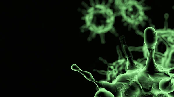 Черный 3D рендеринг на черном фоне вспышки коронавируса и гриппа фон опасная концепция пандемического медицинского риска с болезнетворными клетками — стоковое фото