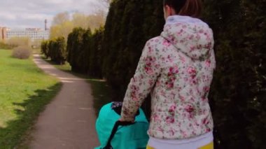 Kız parkta bir bebek arabasıyla yürüyor.