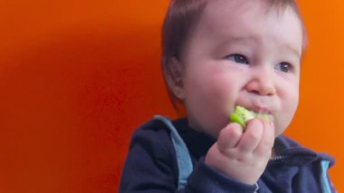 Bebek turuncu arka planda kivi yiyor.