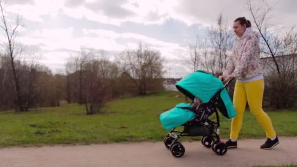 Chica camina con un cochecito en el parque — Vídeo de stock