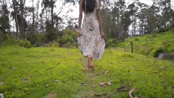 一个穿着长裙 留着长发 光着脚在森林中央行走的年轻女子 — 图库视频影像