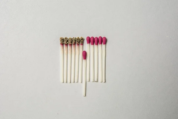 detail of matches on white background, half of burned matches and the other half without burning