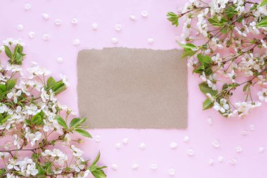 Yırtık kenarlı, boş kartondan yapılmış çerçeve ve pastel pembe arka planda çiçek açan kiraz dalları. Anneler günün kutlu olsun, doğum günün kutlu olsun ya da diğer bahar tatilleri kompozisyonların. Üst görünüm, alanı kopyala.