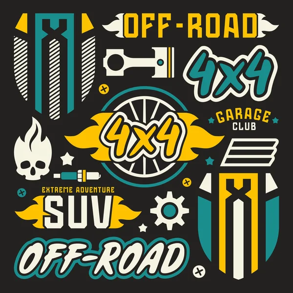 Vinyl stickers en badges voor off-road auto — Stockvector