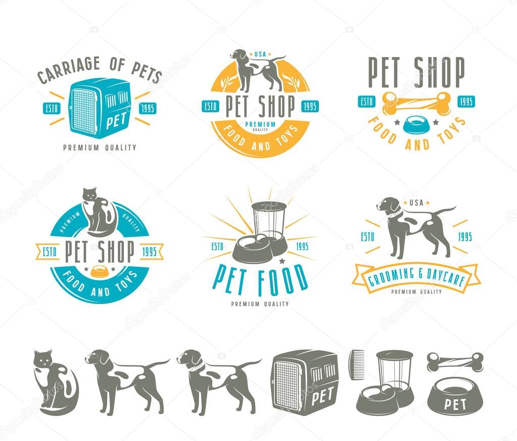 Set of pet care labels, badges and design elements. Color print on white background