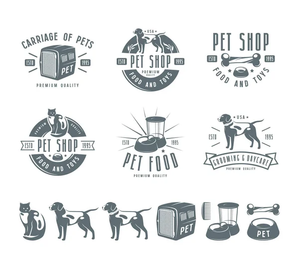 Set de etiquetas para el cuidado de mascotas, insignias y elementos de diseño — Archivo Imágenes Vectoriales