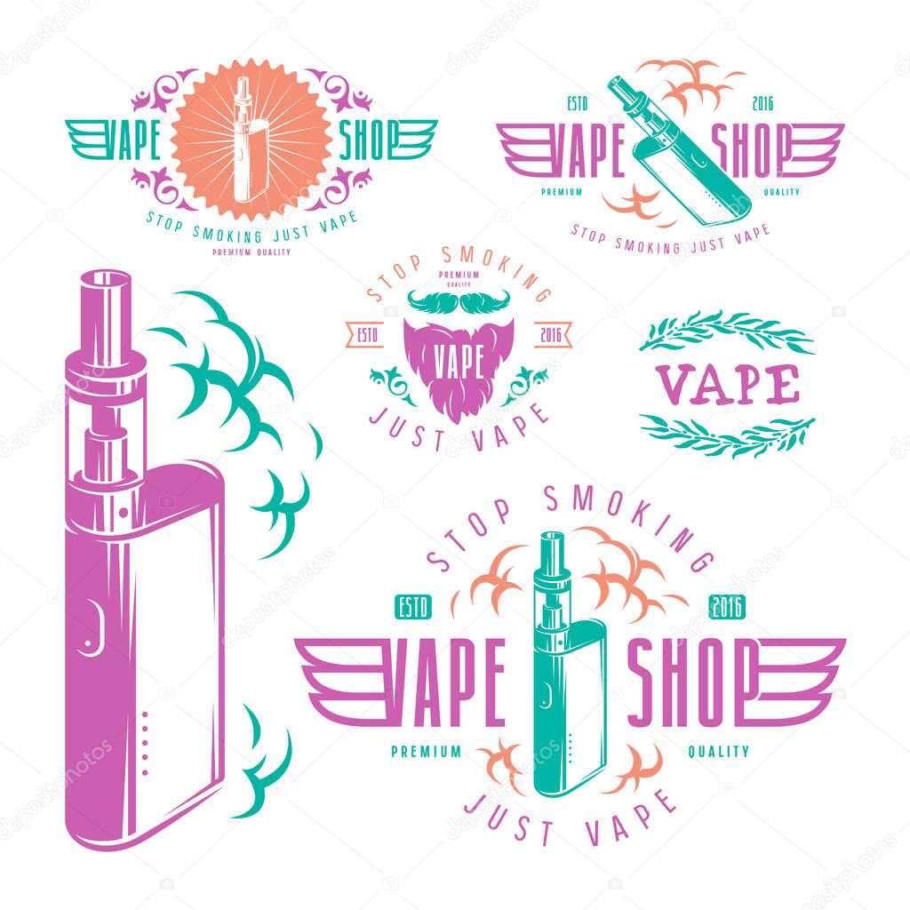Vapor bar and vape shop labels. Color print on white background