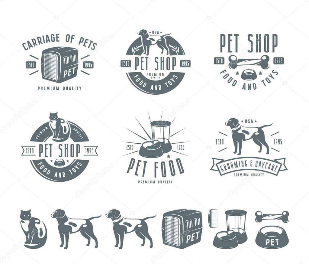 Set of pet care labels, badges and design elements. Isolated on white background