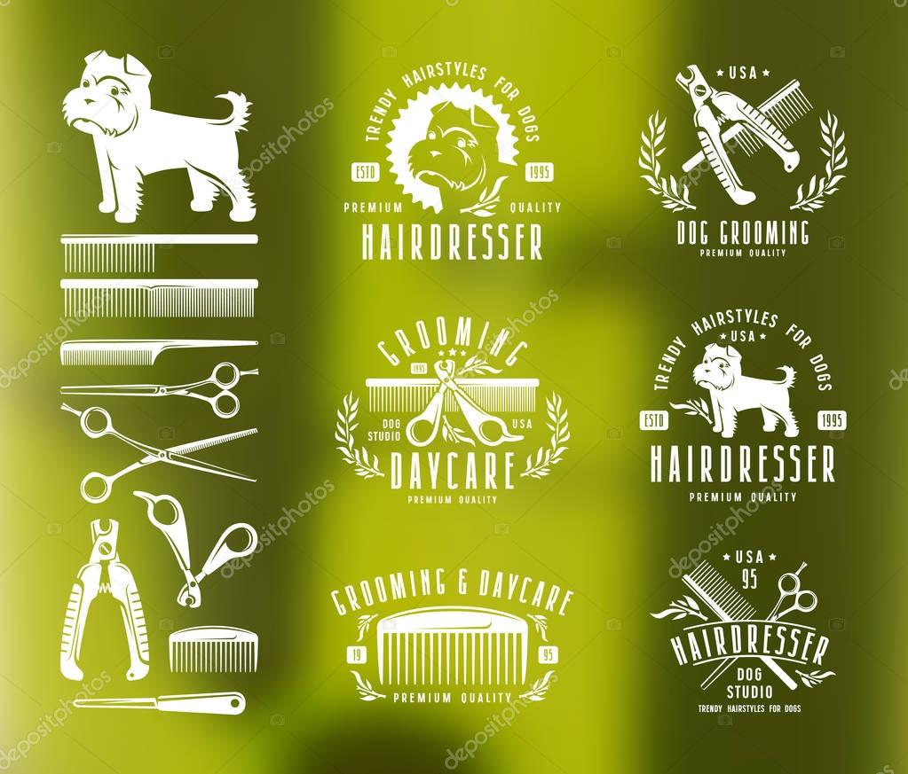 Hairdresser for dog. Badges and design elements. White print on blurred background
