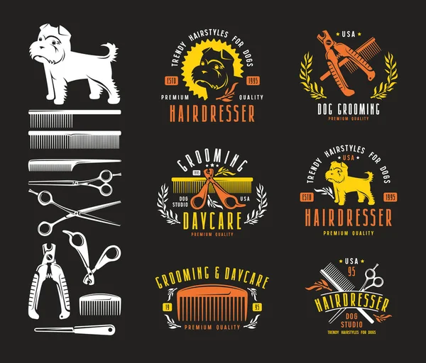 Peluquería para perro. Insignias y elementos de diseño — Archivo Imágenes Vectoriales