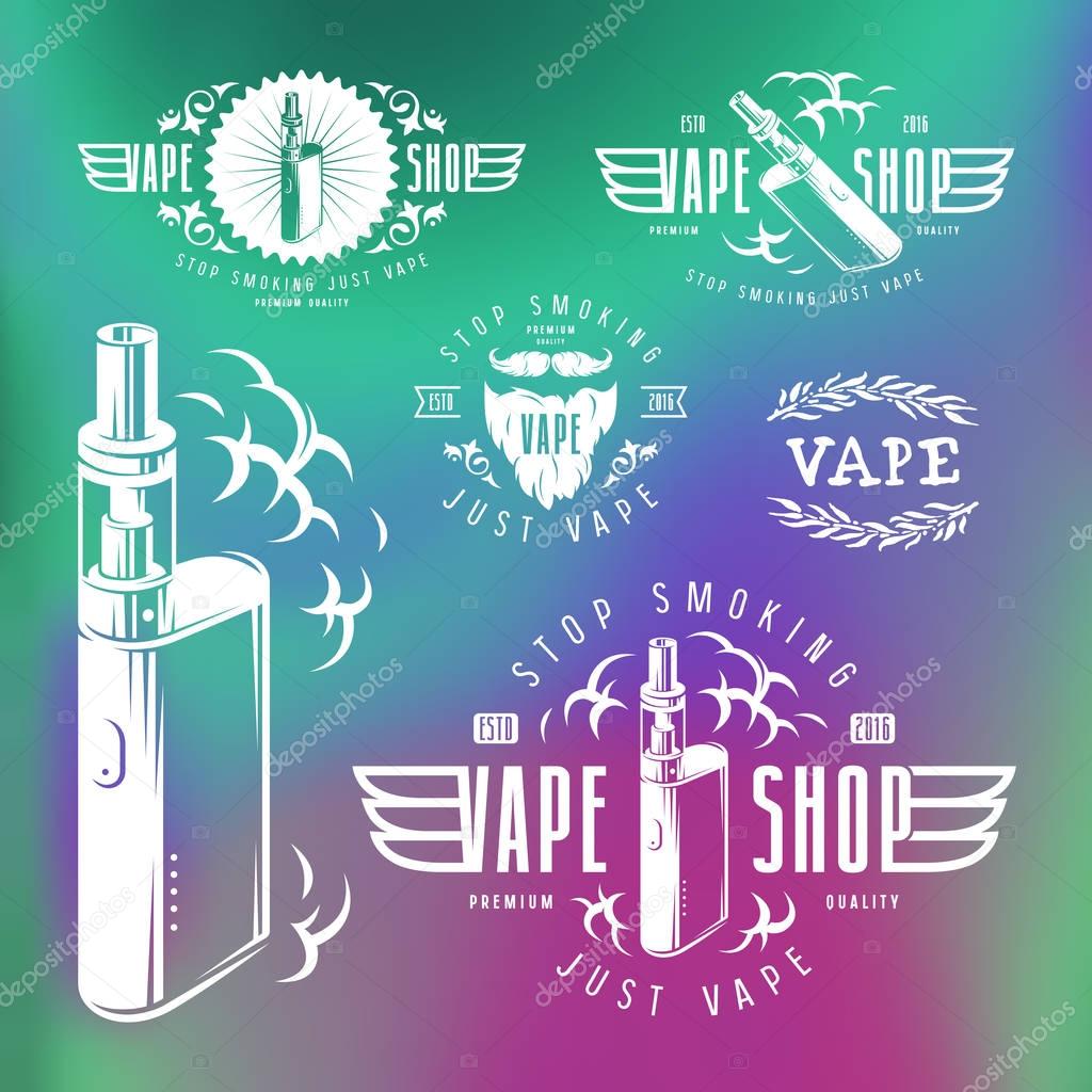Vapor bar and vape shop labels. White print on blurred background
