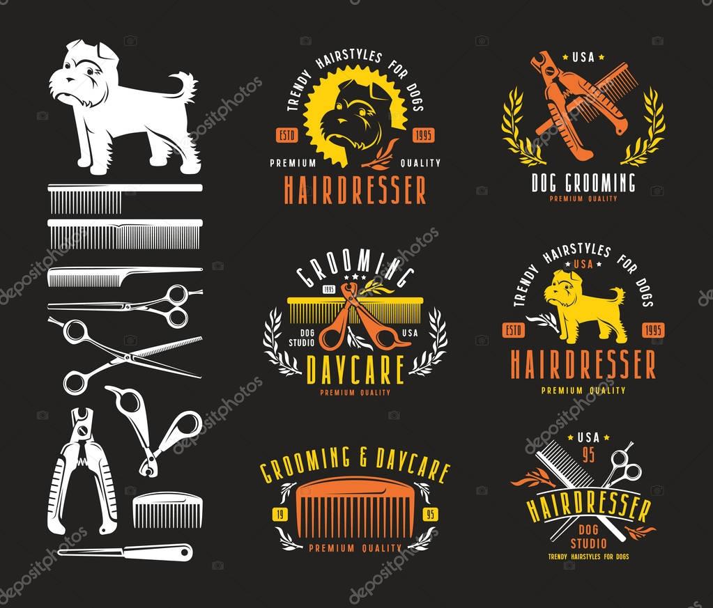 Hairdresser for dog. Badges and design elements. Color print on black background