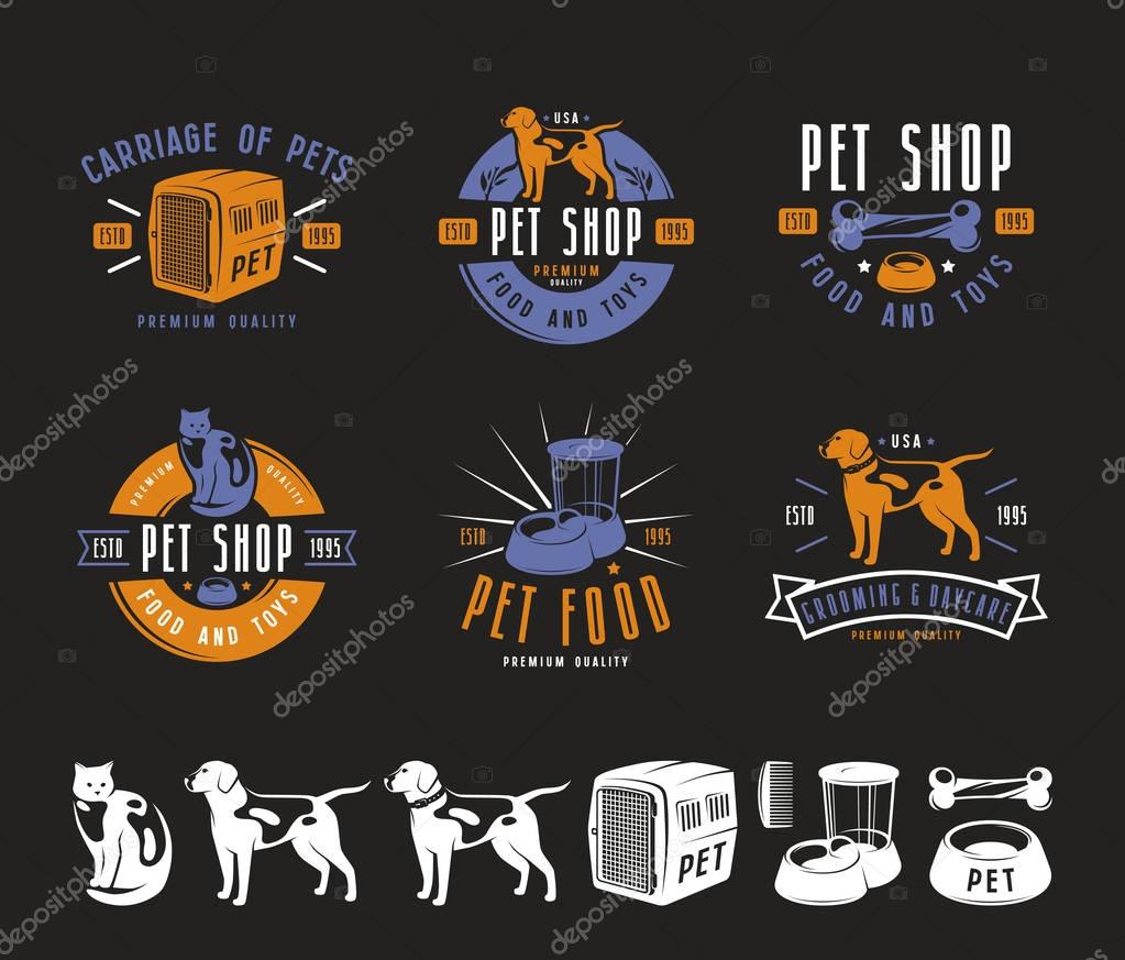 Set of pet care labels, badges and design elements. Color print on black background