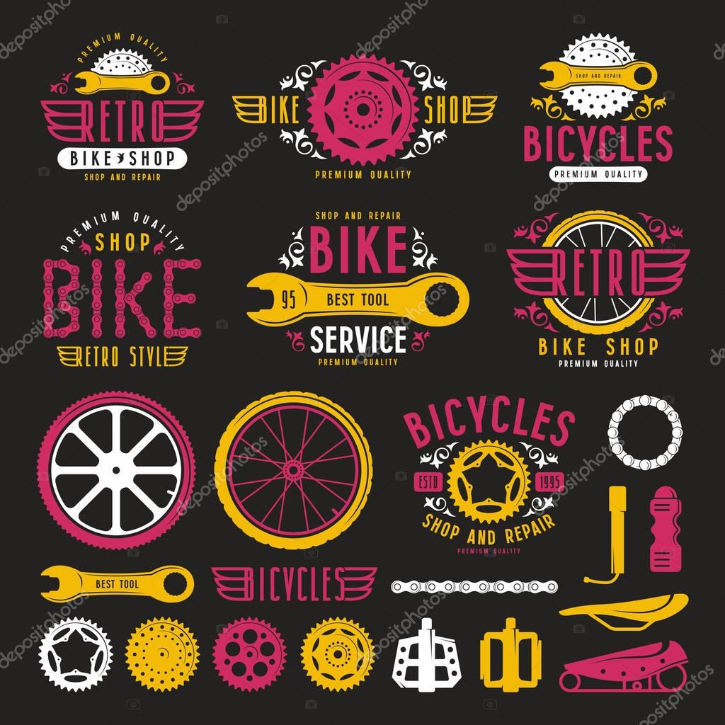 Set of vintage bike shop badges and labels. Color print on black background
