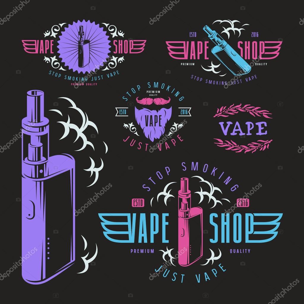 Vapor bar and vape shop labels. Color print on black background