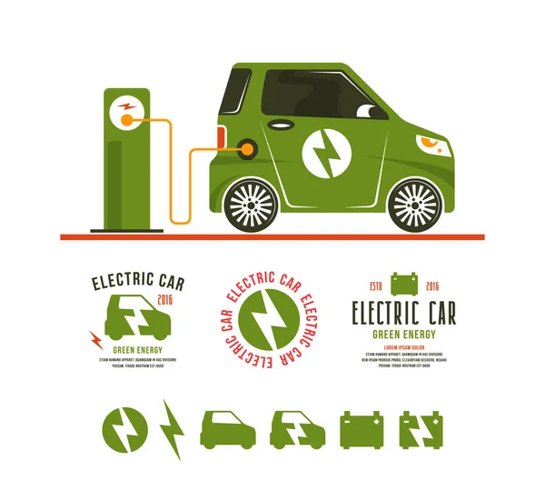 Illustration of electric car. Icons and labels — Stock Vector