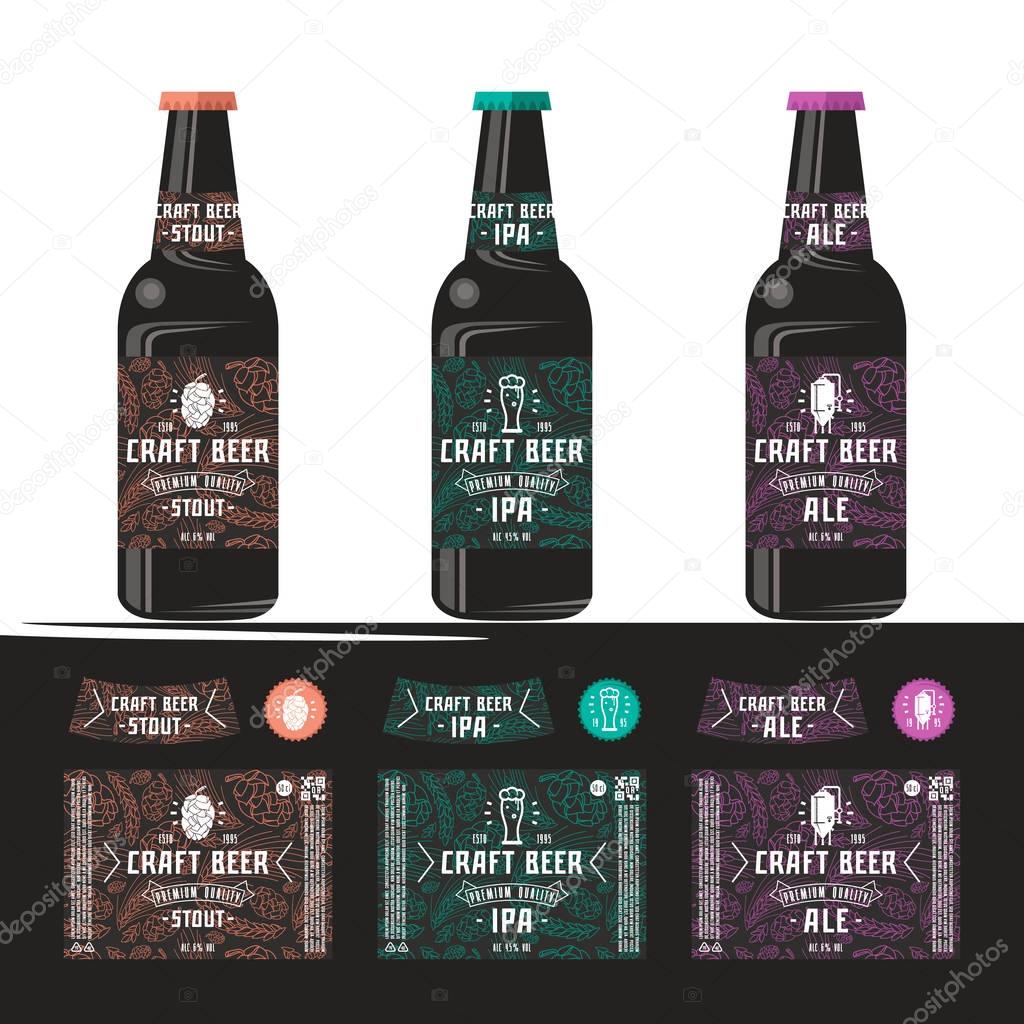 Set of templates label for craft beer. Print on a black or transparent background. Presentation on the bottle