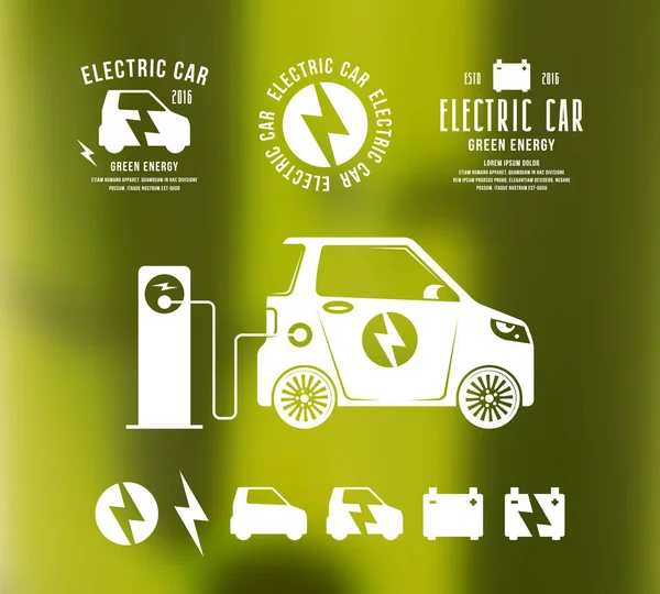 Illustration de voiture électrique. Icônes et étiquettes — Image vectorielle