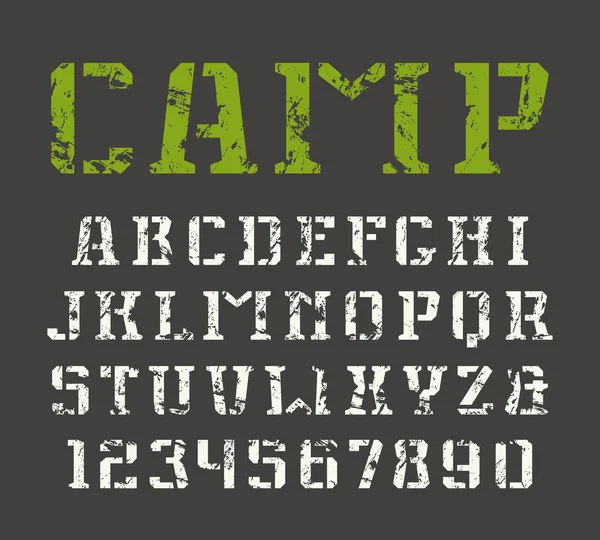Stencil-plate serif fuente y números en estilo militar — Vector de stock
