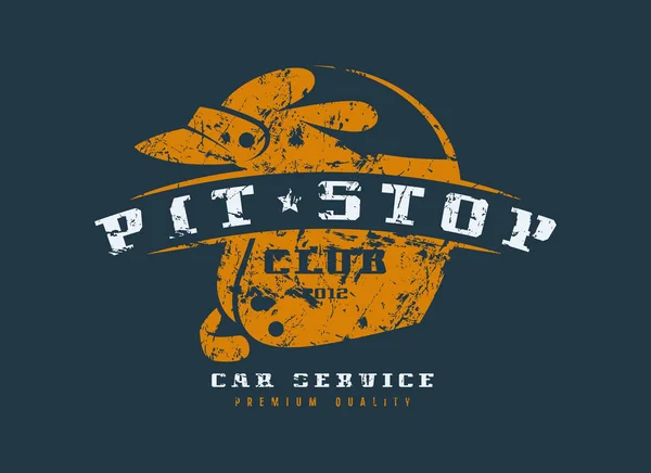 Pit stop odznak s texturou, ošuntělý auto — Stockový vektor