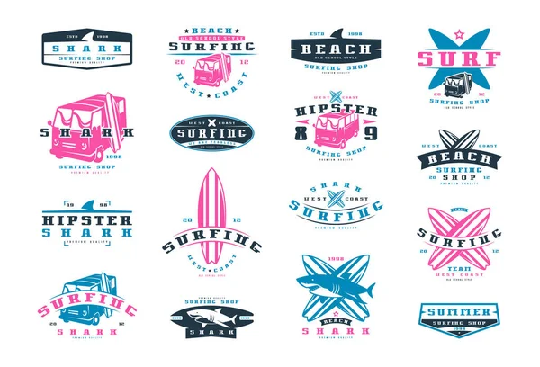 Conjunto de emblemas de surf. Diseño gráfico para camiseta — Archivo Imágenes Vectoriales