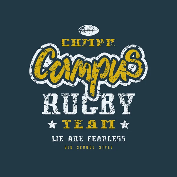 Insignia del equipo del campus de rugby con textura malhumorada — Vector de stock