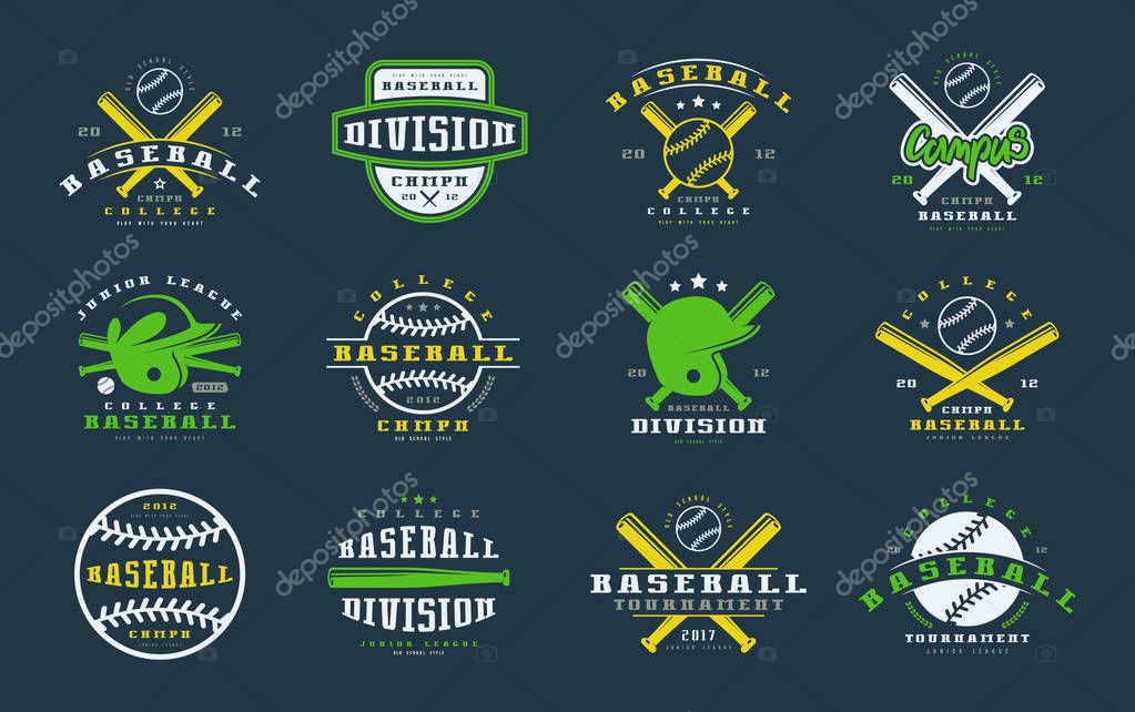 Badges set of baseball team. Graphic design for t-shirt. Color print on black background