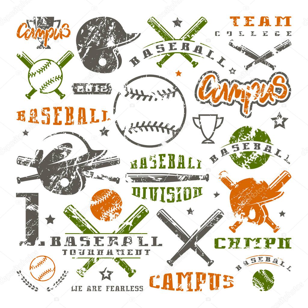 Icons and badges set of baseball team. Graphic design for t-shirt. Color print on white background