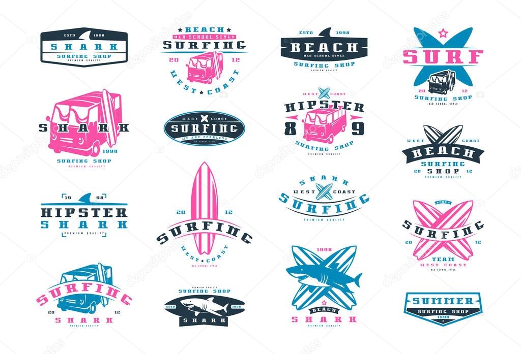 Set of surfing emblems. Graphic design for t-shirt. Color print on white background