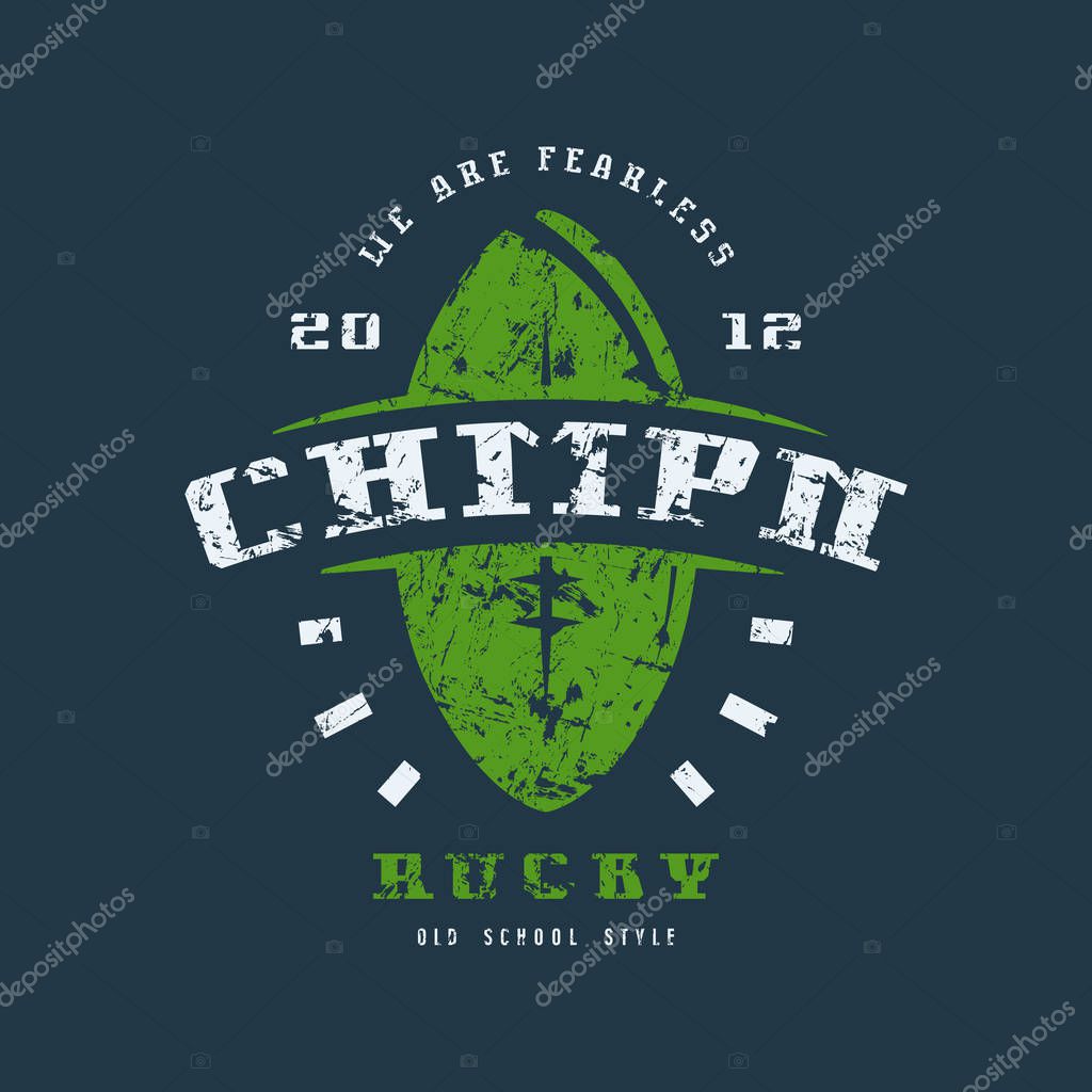 Rugby championship badge with shabby texture. Graphic design for t-shirt. Color print on black background