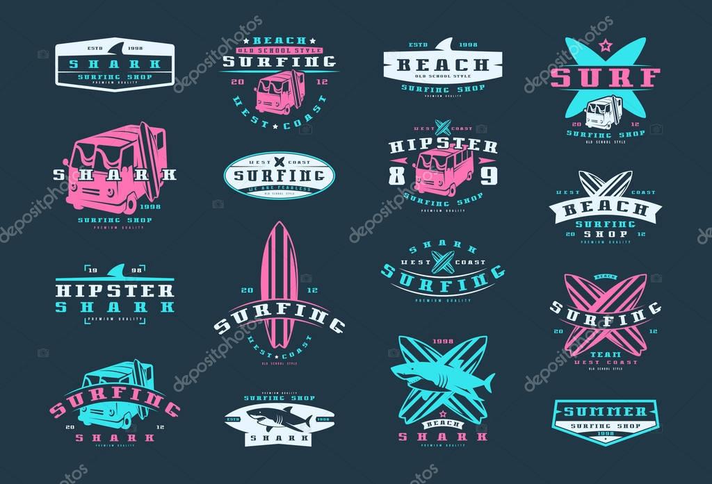 Set of surfing emblems. Graphic design for t-shirt. Color print on black background