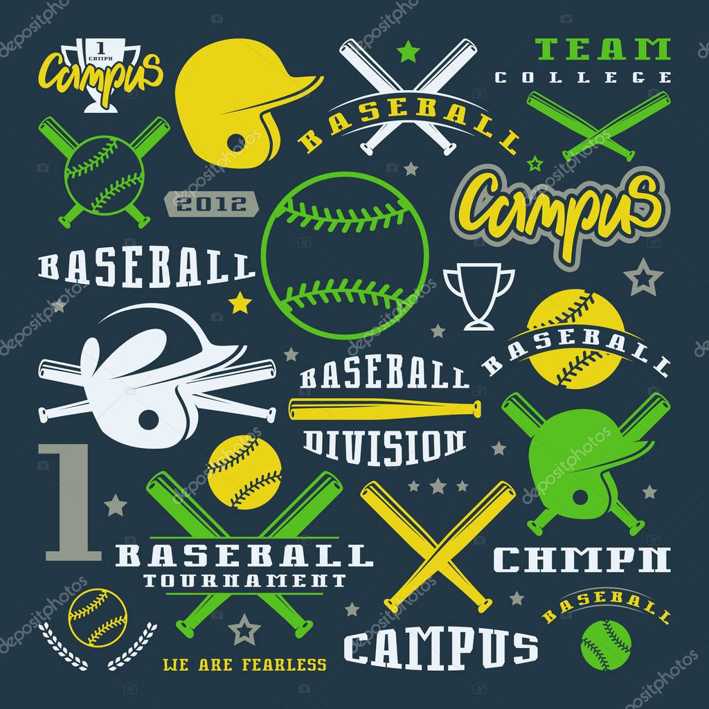 Icons and badges set of baseball team. Graphic design for t-shirt. Color print on black background