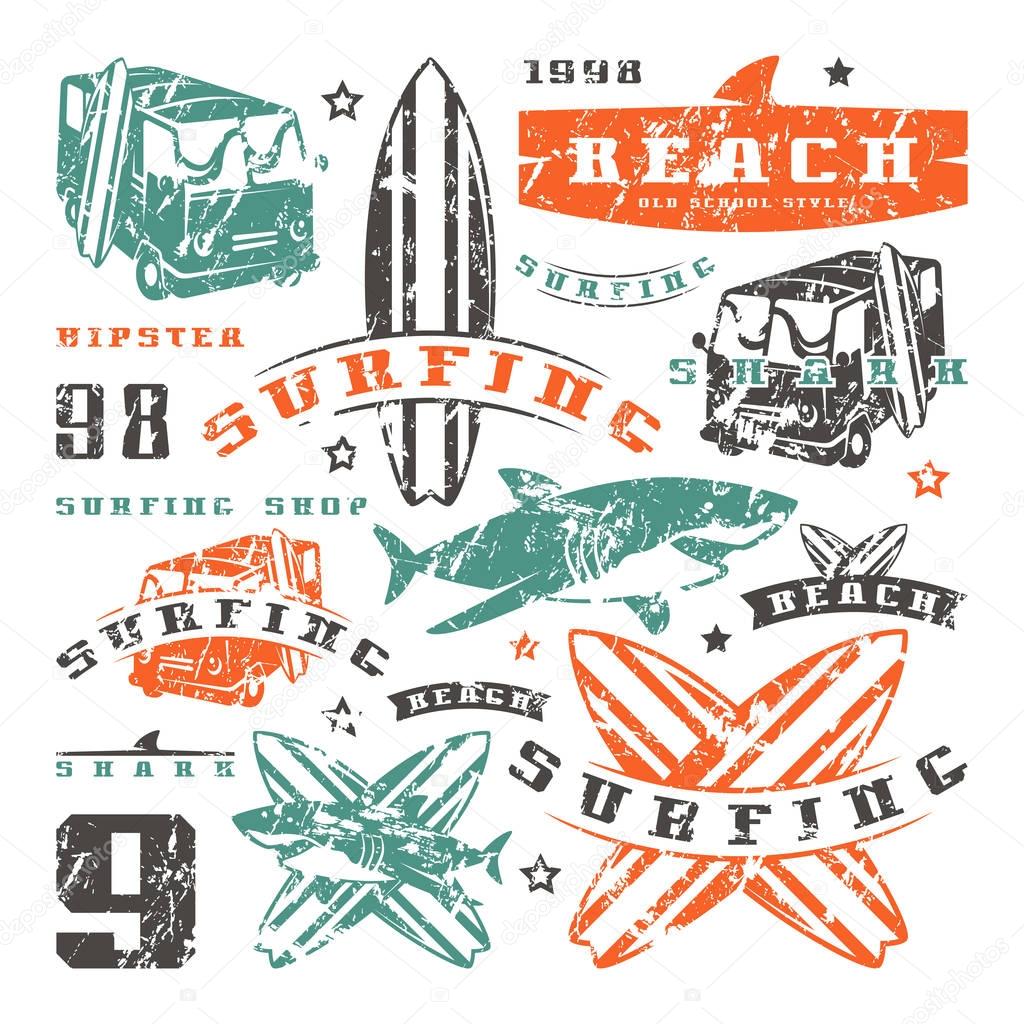 Set of graphic elements. Bus, surfing, shark. Graphic design for t-shirt