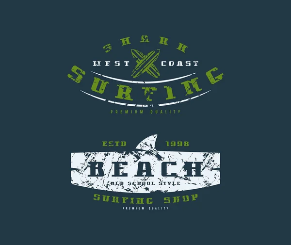 Surfing sklep herby. Projektowanie graficzne dla t-shirt — Wektor stockowy