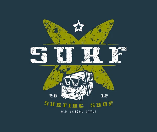 Surfing shop znak. Grafický design pro tričko — Stockový vektor