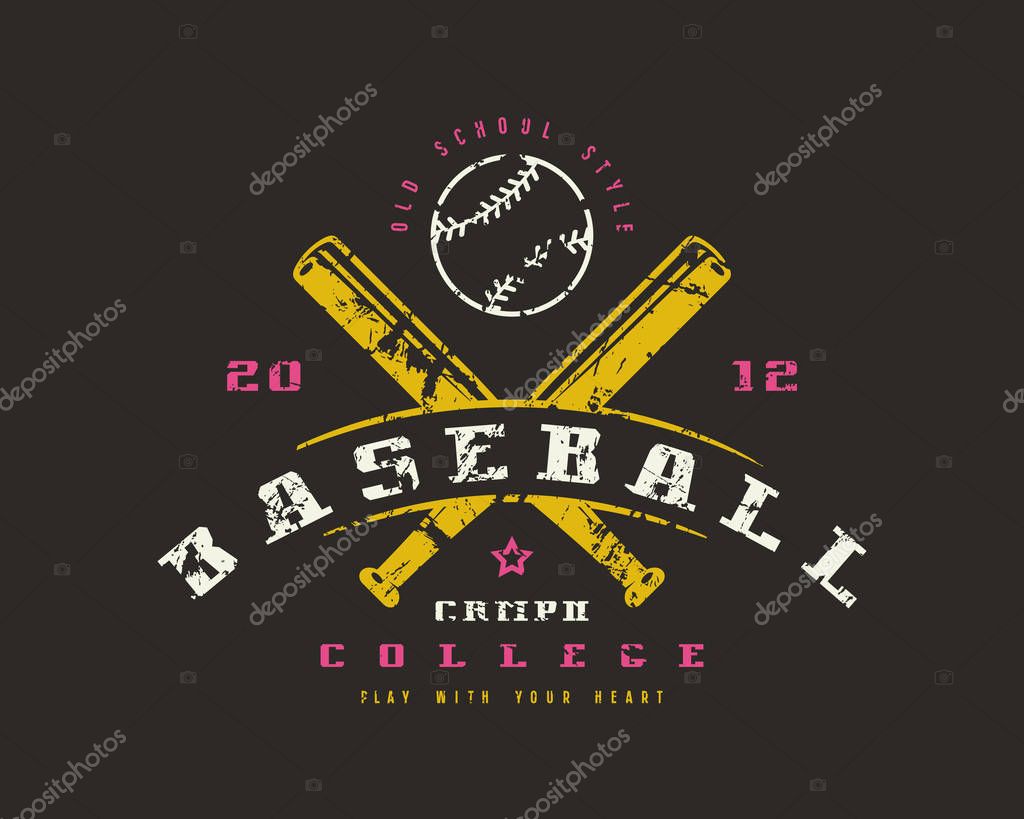 Emblem of baseball championship. Graphic design for t-shirt. Color print on black background