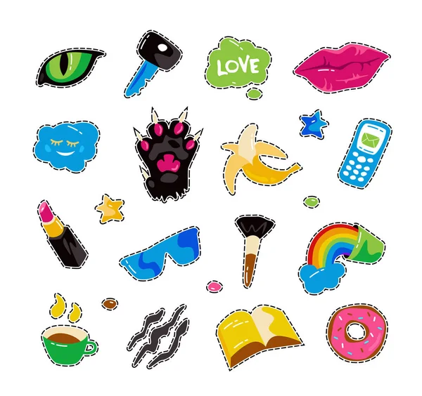 Insignias de parche de moda con labios, pata de gato, ojo de gato y otros elementos — Vector de stock