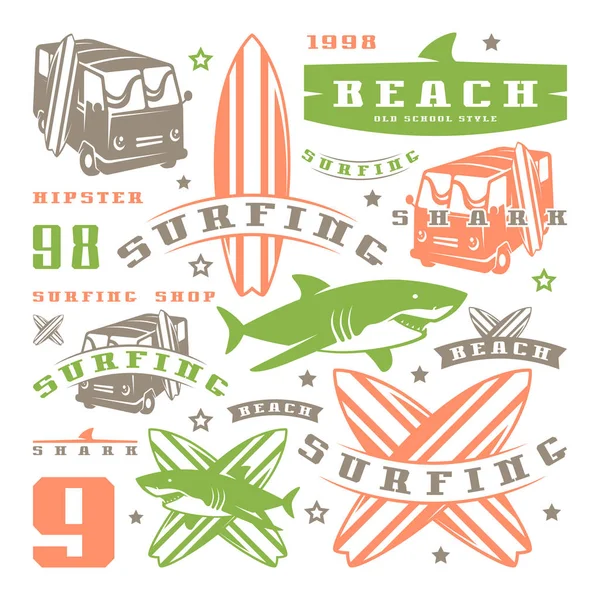 Conjunto de elementos gráficos. Autobús, surf, tiburón — Archivo Imágenes Vectoriales