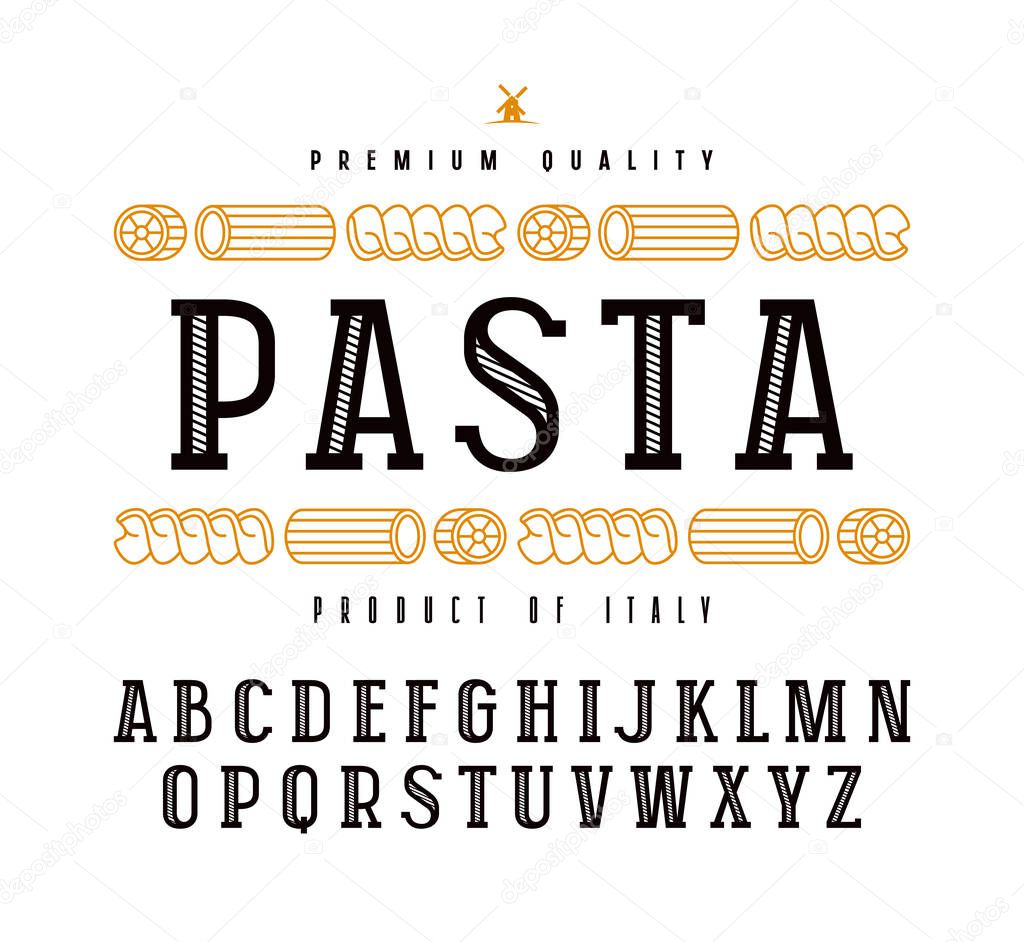 Decorative slab serif font and pasta label